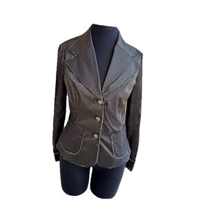 Vintage V‎ Christina Black Denim Button Front Blazer Jacket Embellished Size Med